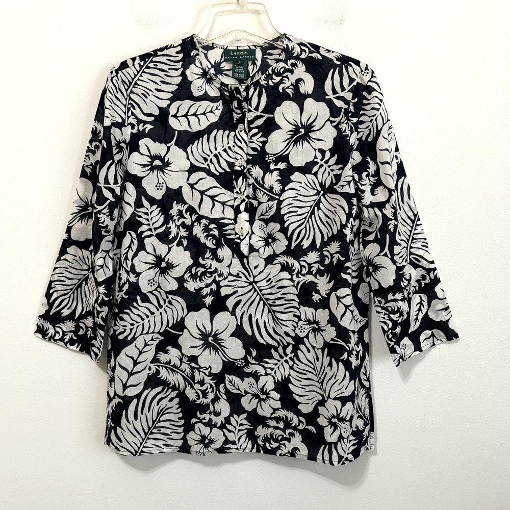 Lauren‎ Ralph Lauren Blouse Top S Half Button Black White Floral Thin 3/4 Sleeve